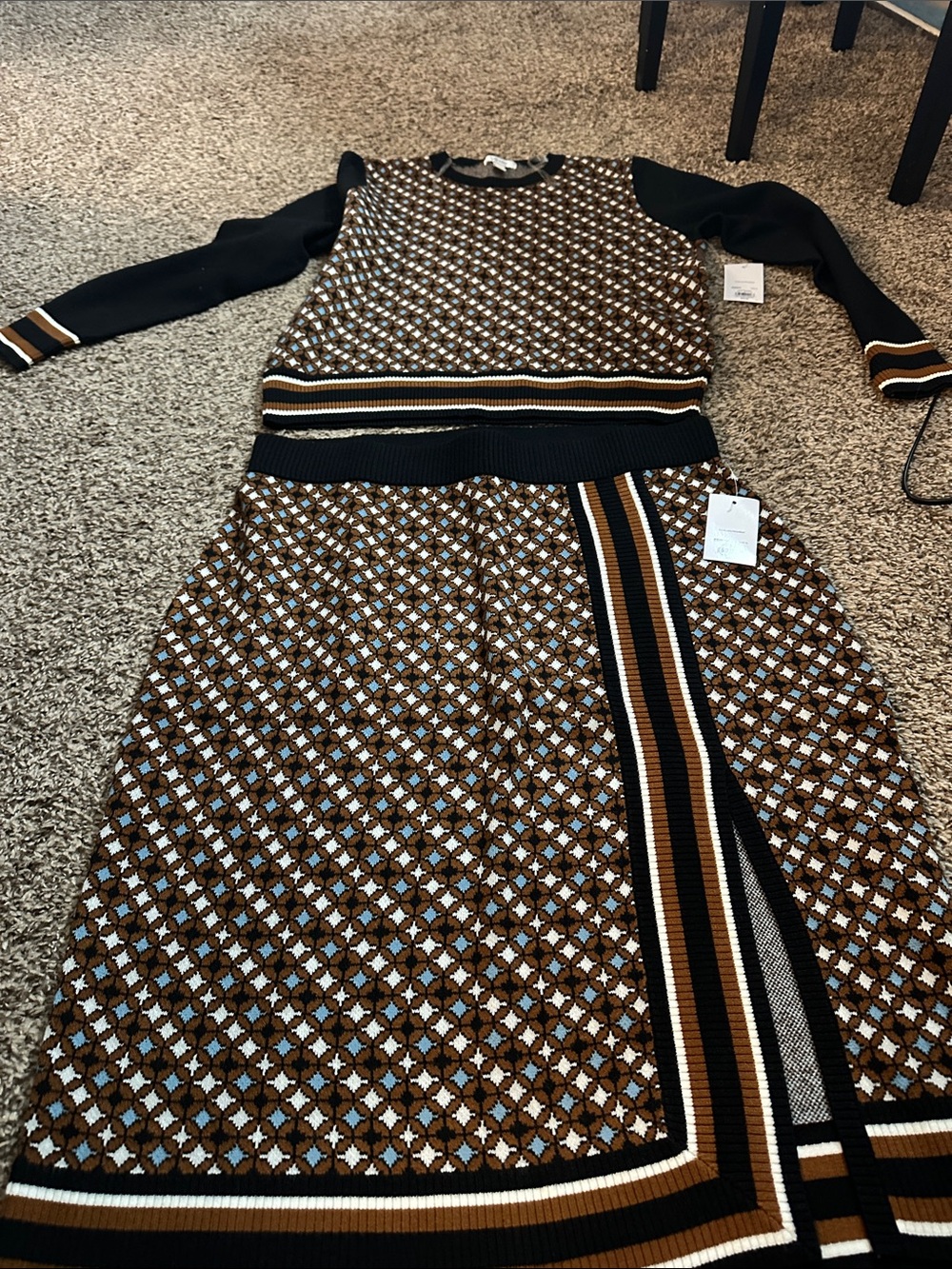 Nine West Black, Brown and White Long Sleeve Knit Skirt Set